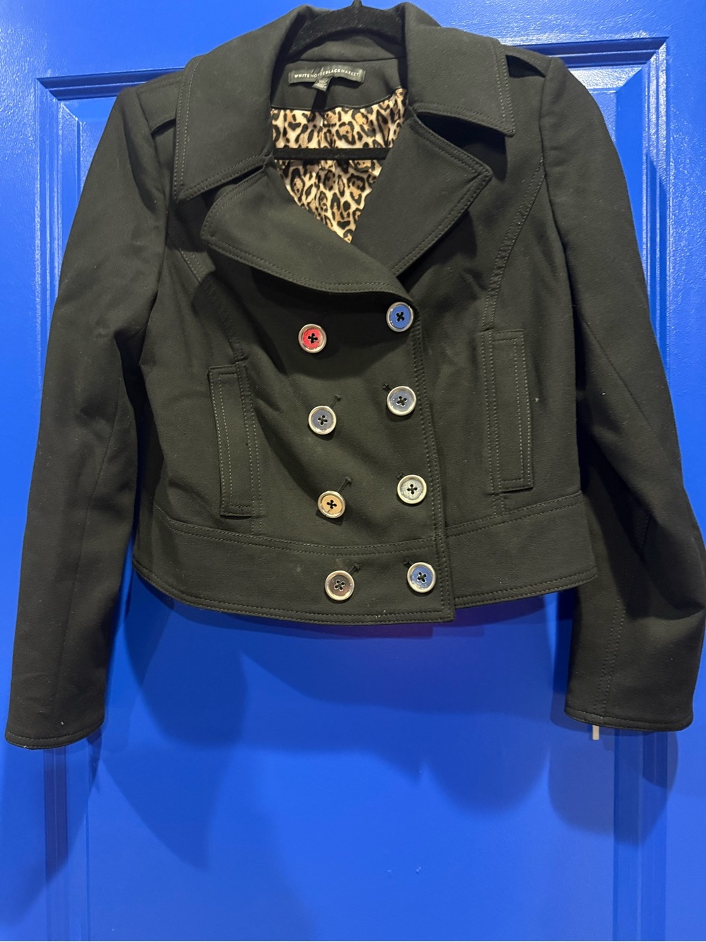 White House Black Market Black Double-Breasted Pea Coat with Colorful Buttons